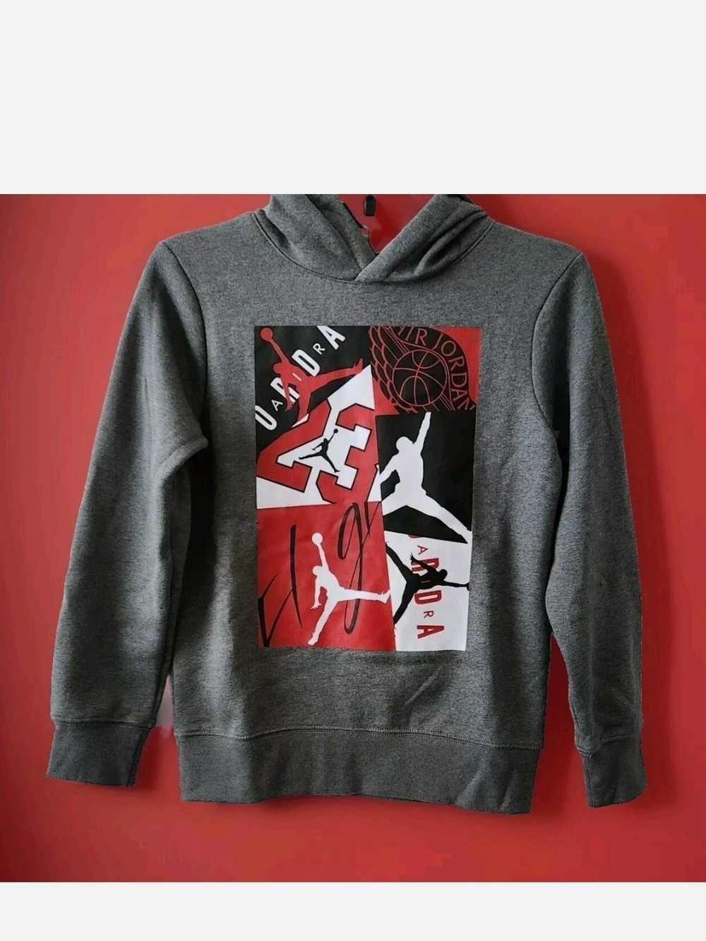 Jordan Gray Hoodie with Red, Black and White Graphic Panel